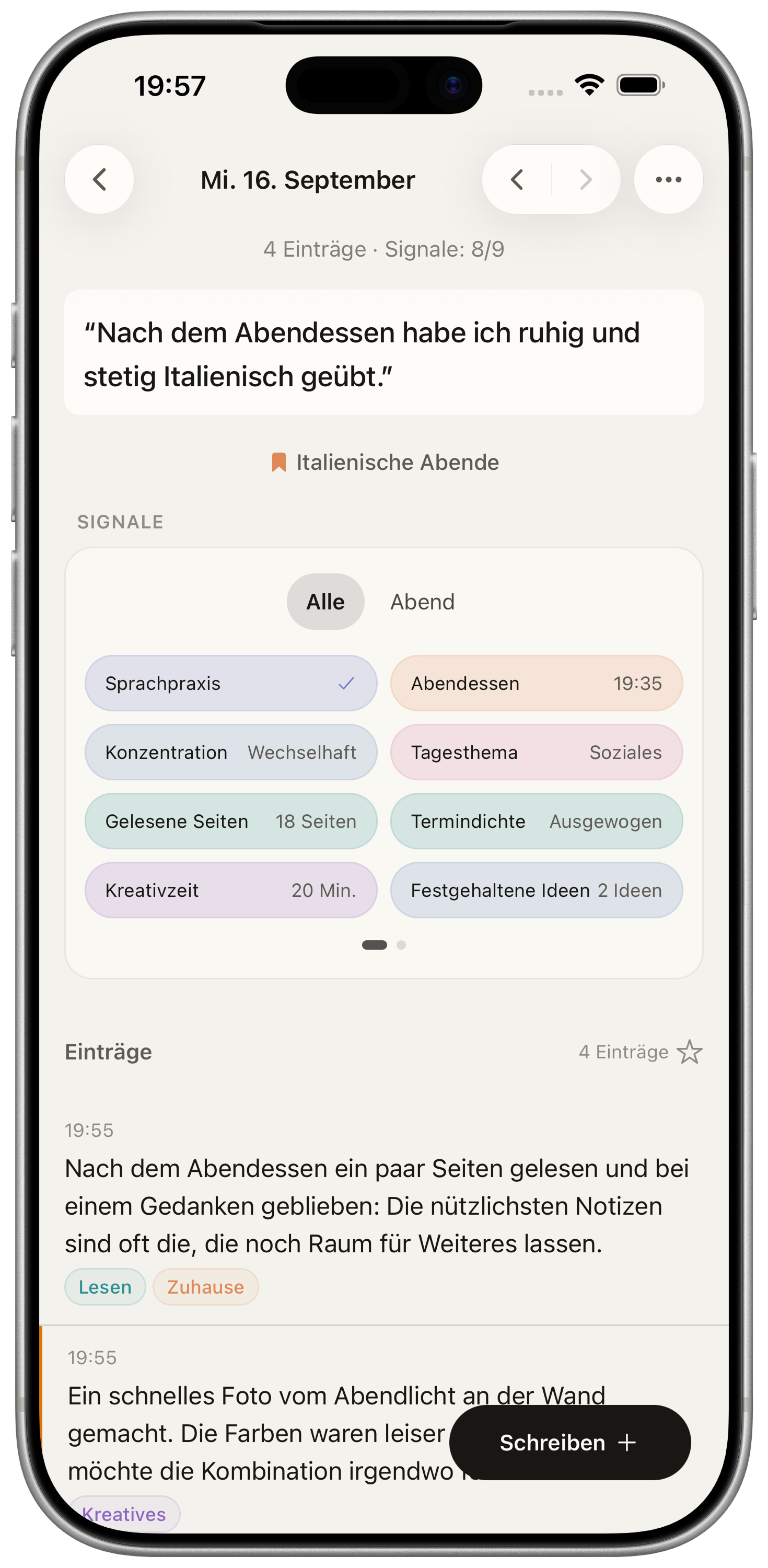 Die Tagesansicht in Oflate zeigt eine Tagesnotiz, Einträge und erfasste Signale zusammen.